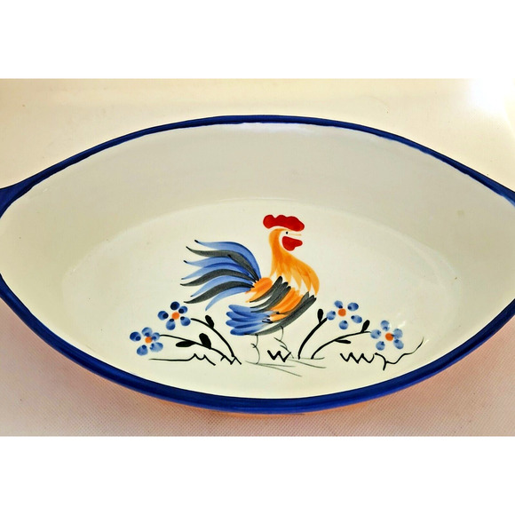 Casserole/Serving/Baking Dish-Rooster-White-Navy Blue-Hand Painted-12" Long - Picture 6 of 12